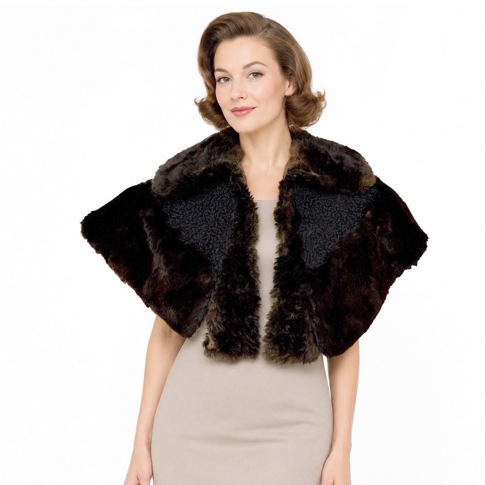 Capelet Wrap Vintage 50s/60s Brown Faux Fur Cropped Stole Curly Lamb Style Glam